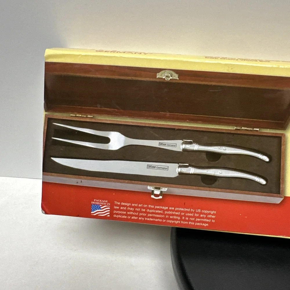 Slitzer Knife & Fork Carving Set Germany 2pc European-Style with Wooden Box